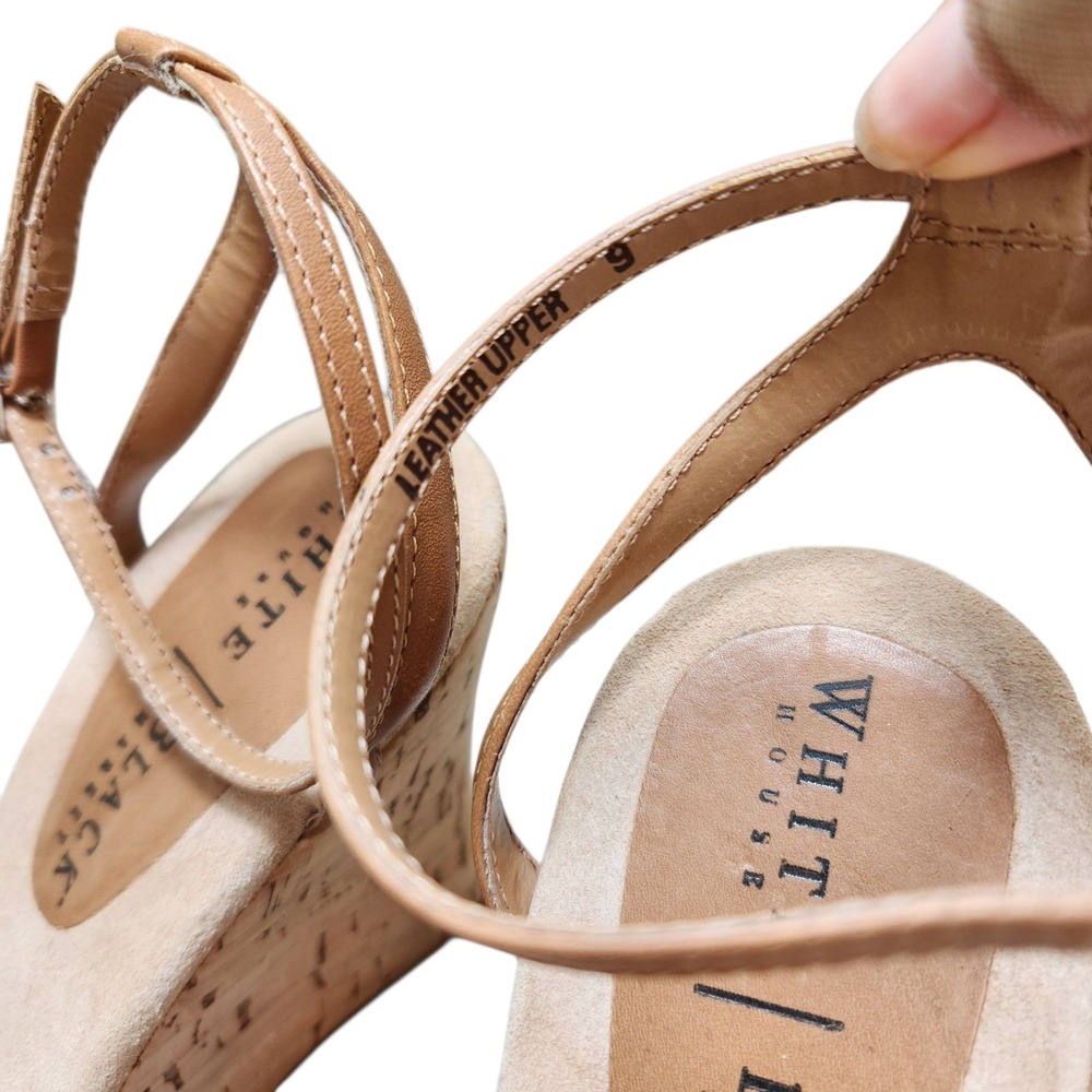 WHBM Size 9 Leather Ankle Strap Cork Wedges 4.5 Inch Heel Tan Nude Comfort Boho - Picture 3 of 11